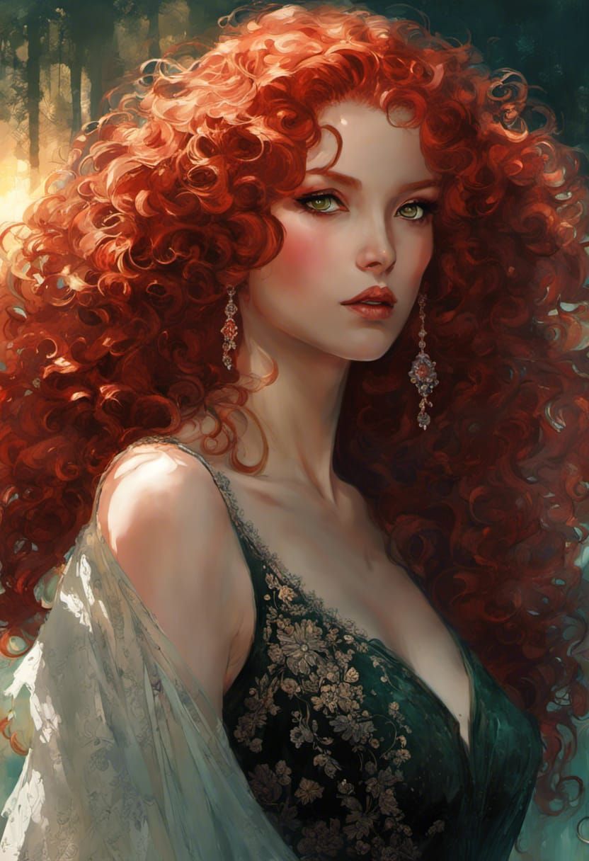 Sunset-Red Princess in Lace Gown, Digital Painting