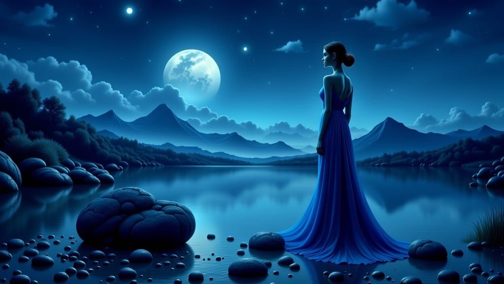 Contemplative Woman Near Peaceful Lake in Surreal 3D Style