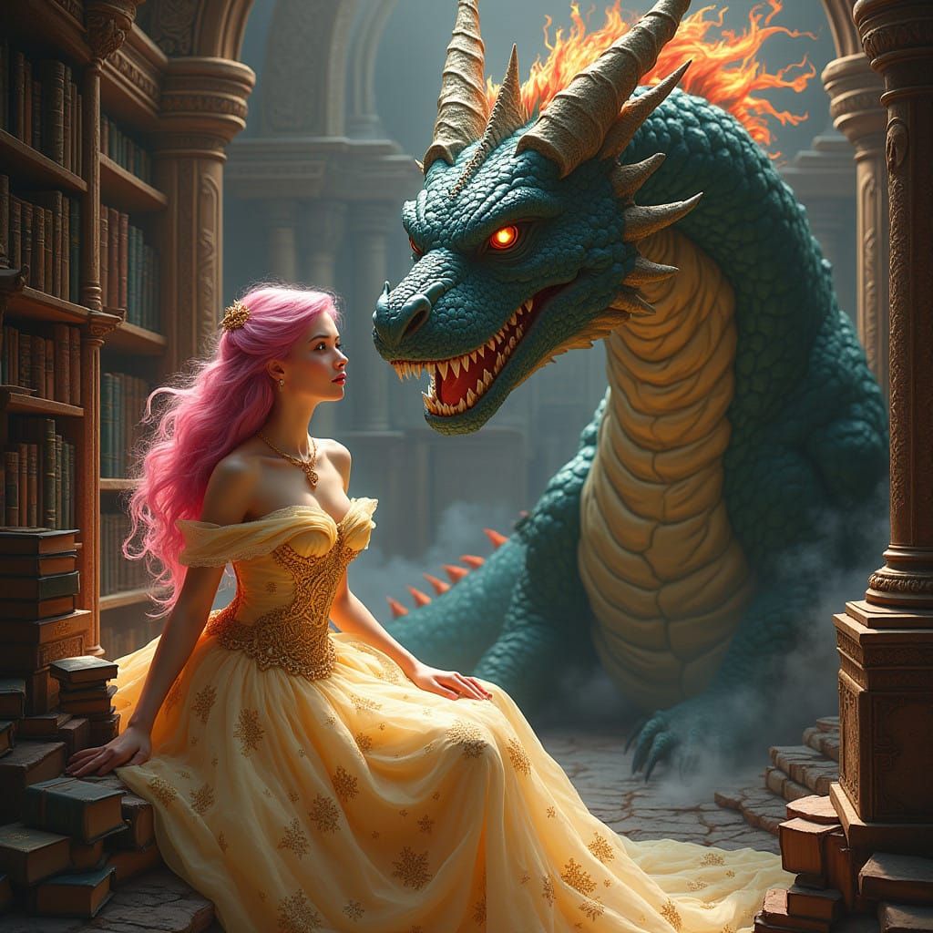 Pink Haired Princess in Whimsical Library with Dragon