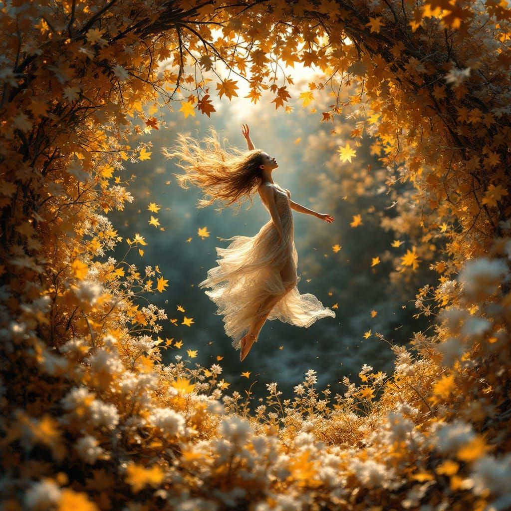 Ethereal Autumn Dancing Maiden in Vibrant Foliage