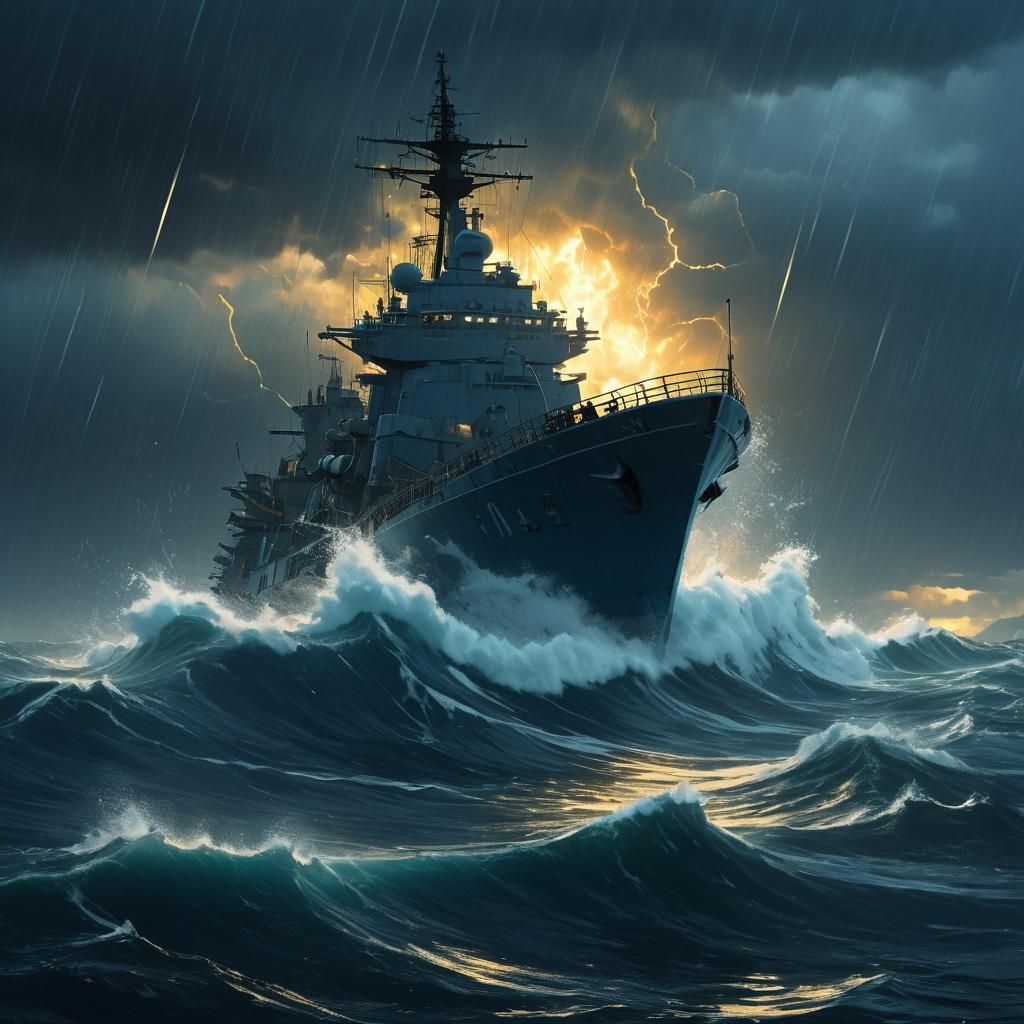 Giant Military Ship in Stormy Seas