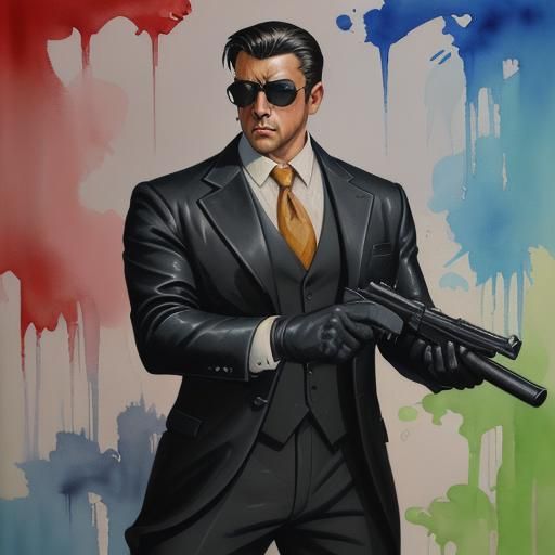 Gangster in Suit with Gun in Gouache Style