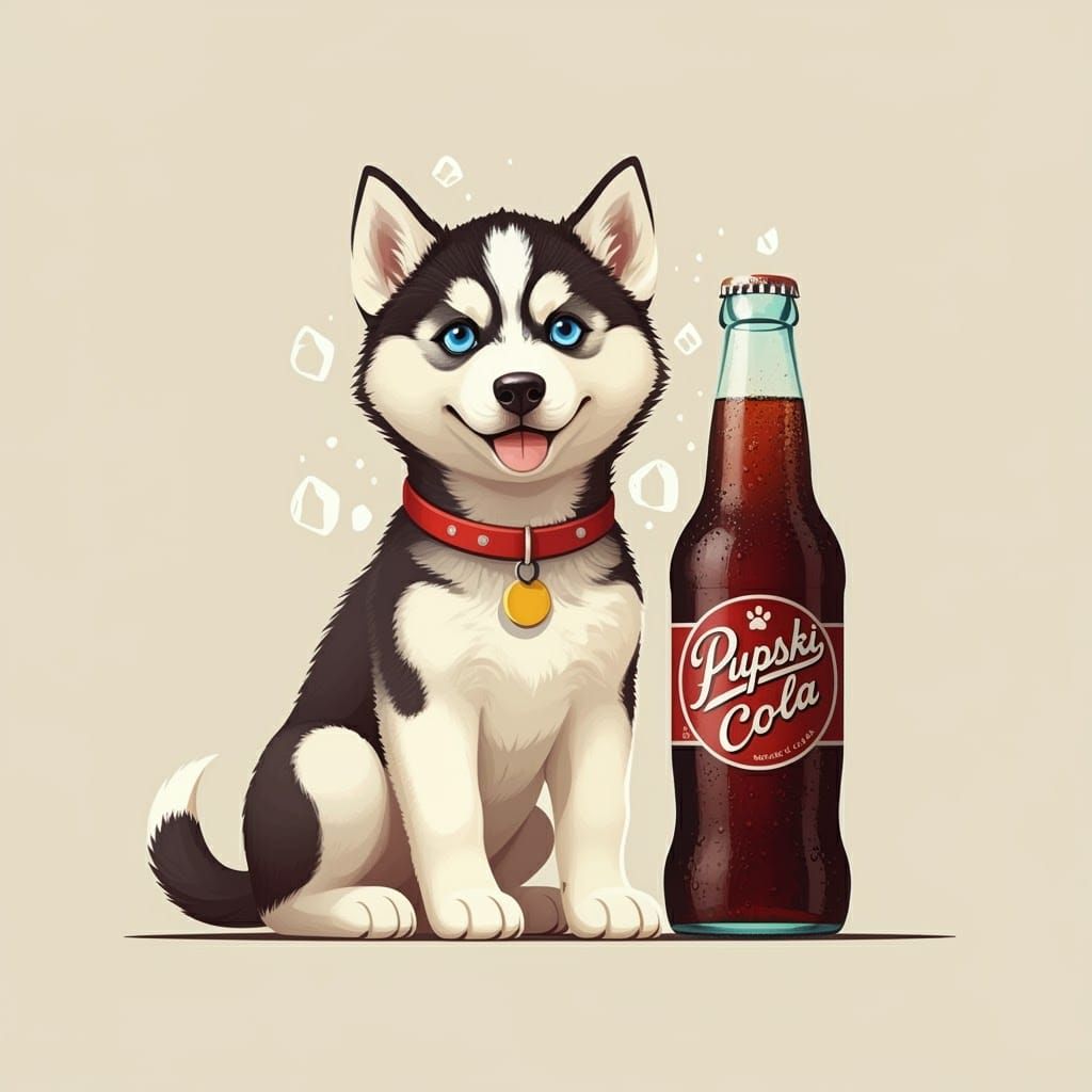 Siberian Husky Puppy with Pupski Cola Illustration