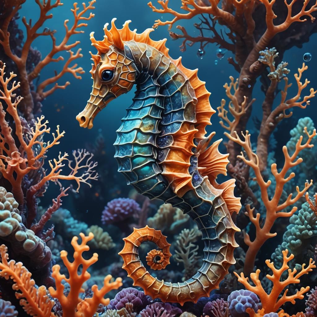 Cute Seahorse Swimming in Coral Reef