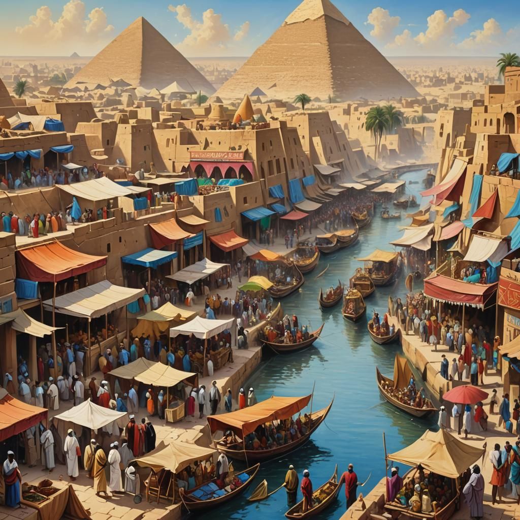 A vibrant painting capturing the bustling streets of ancient Giza, Egypt.