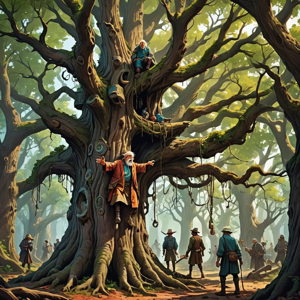 Whimsical Old Man Tree in a Fantasy Action Scene