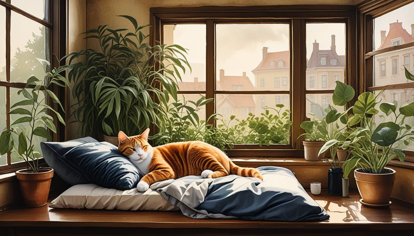 Cozy Reading Nook with Cat in Watercolor