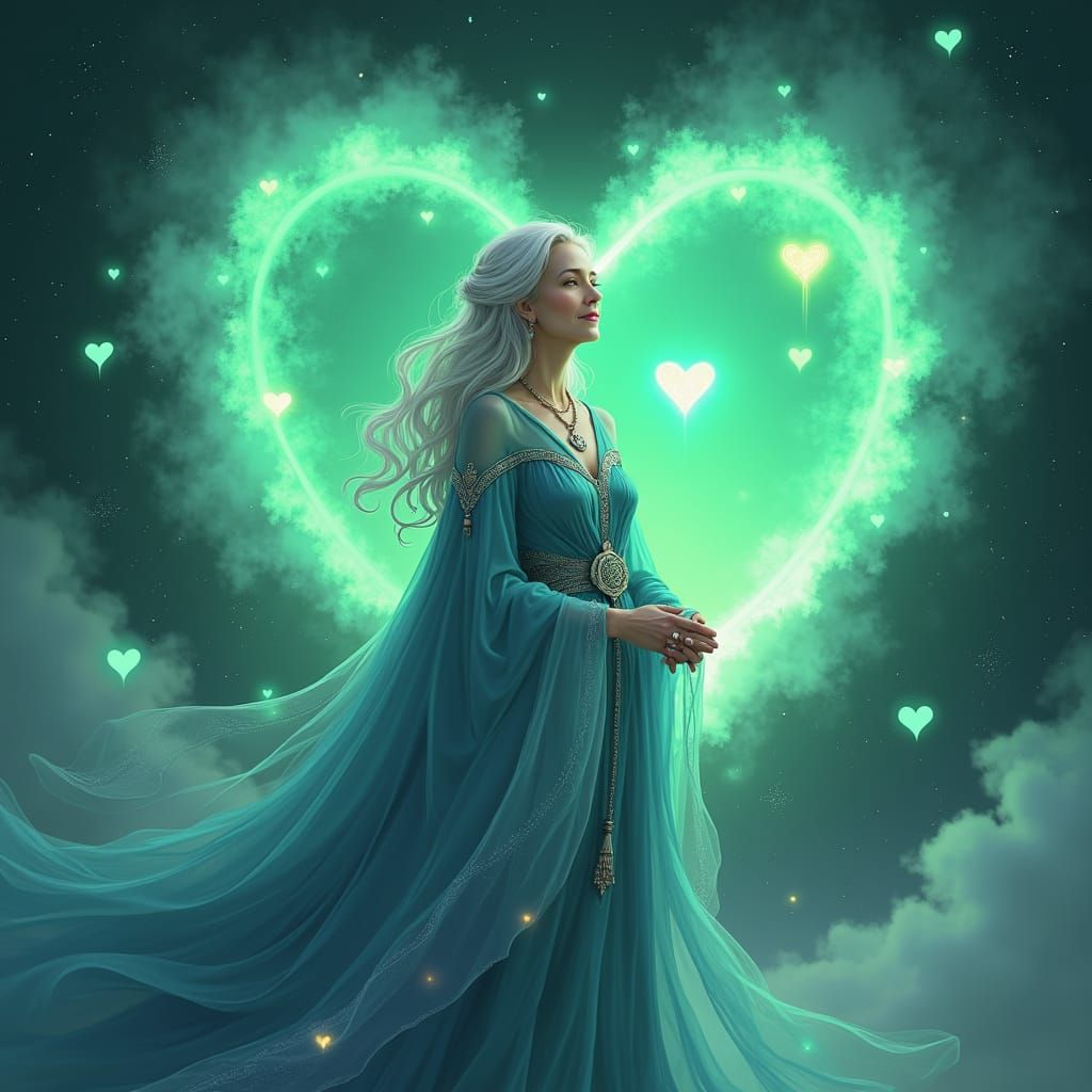Elderly Sorceress Amidst Love Hearts in Dreamlike Style