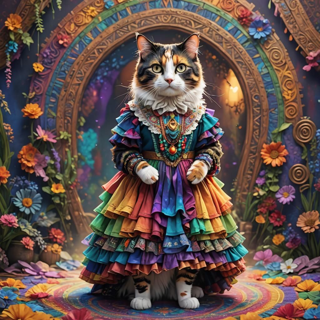 Calico Cat in Rainbow Bohemian Dress