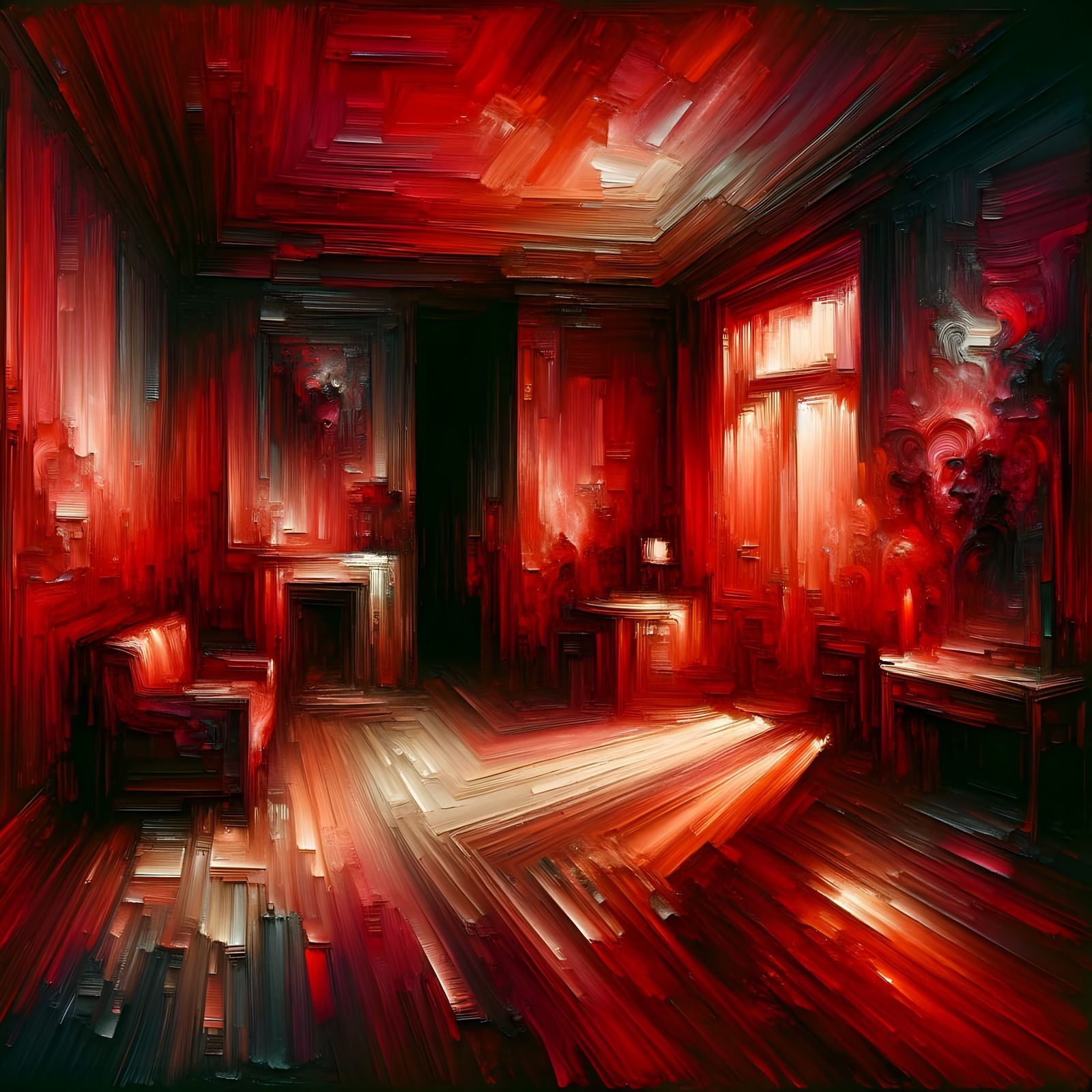 Expressionist Room in Crimson and Red Tones