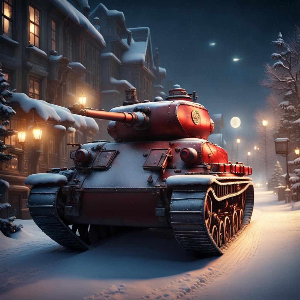 Festive Tank Sleigh Driving Through Snowy Town