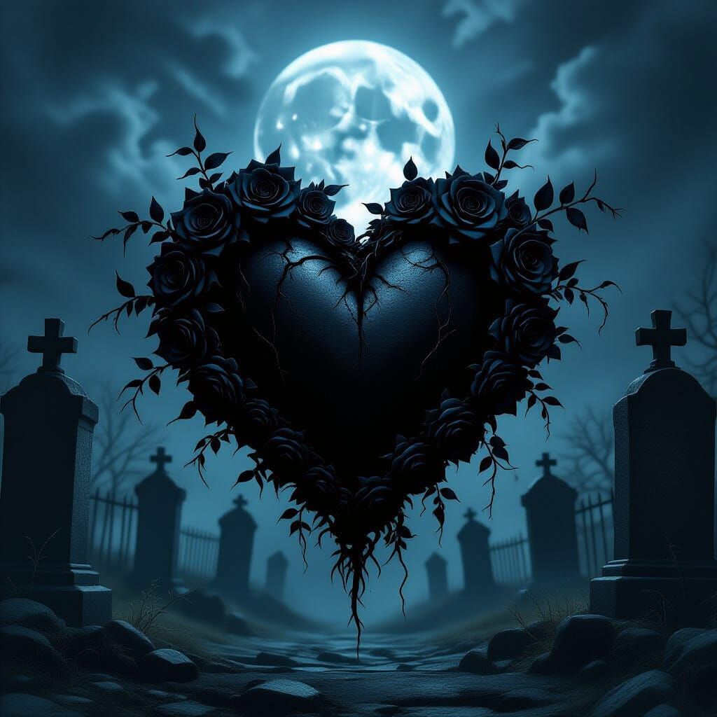 Gothic Black Heart Pulsating in Moonlit Graveyard