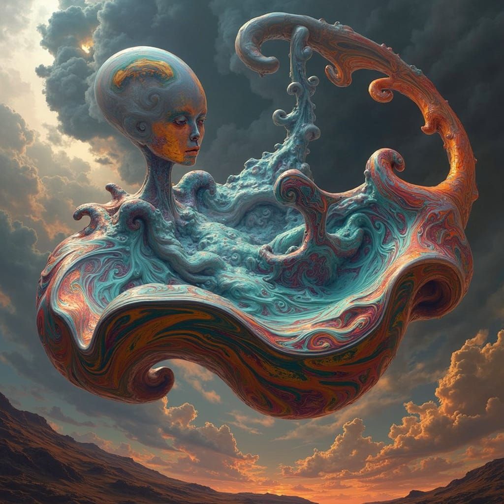 Technicolor Figure in Futuristic Neon Landscape