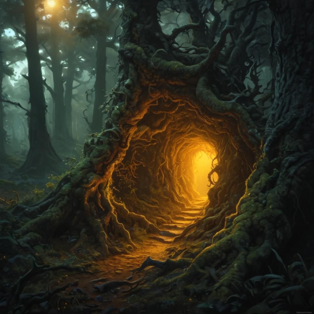 Golden Light in Ancient Forest, Gustave Dore Style