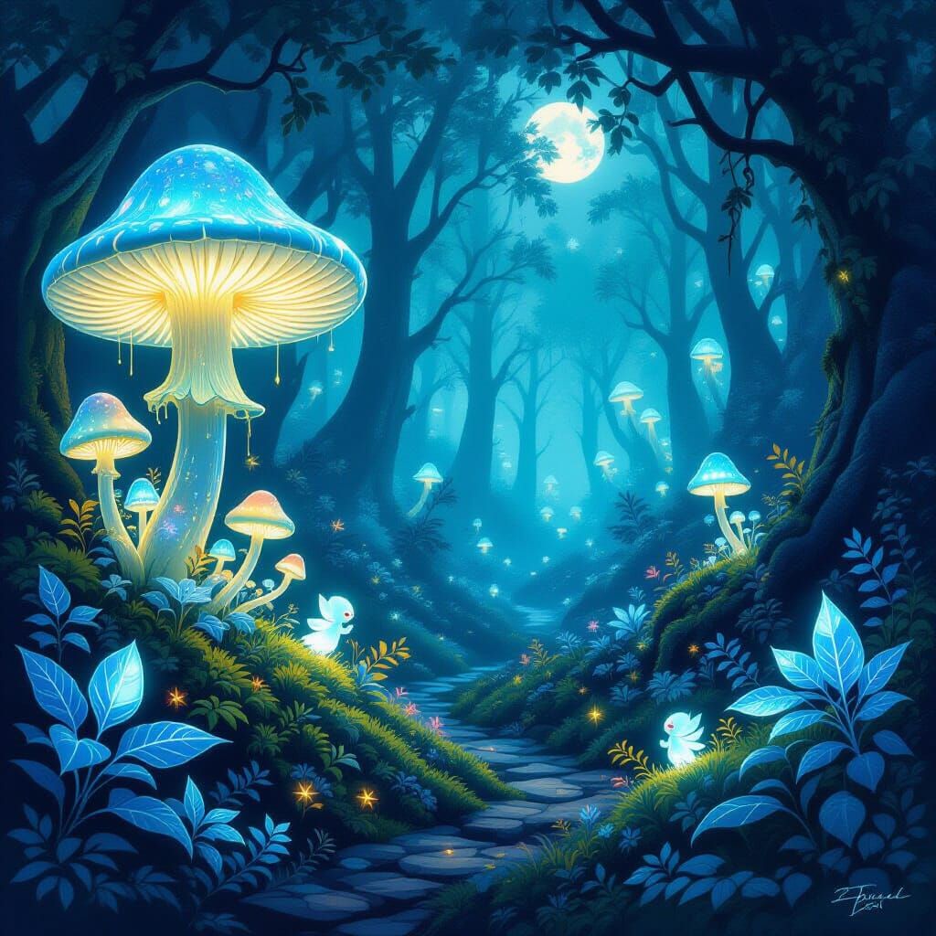 Bioluminescent Forest with Magical Creatures and Flora