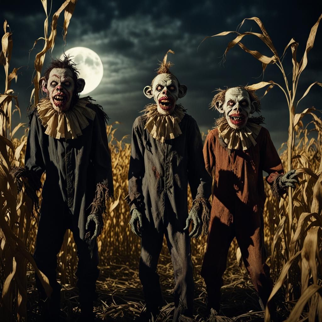 Eerie Scarecrows and Zombie Monkey in Cornfield