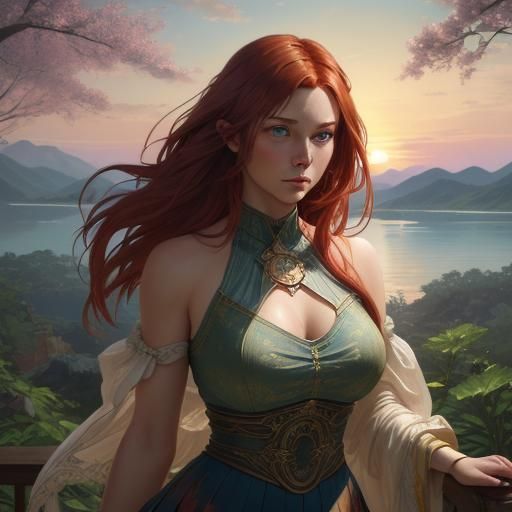 Gorgeous Artist Girl with Flowing Red Hair, Digital Art