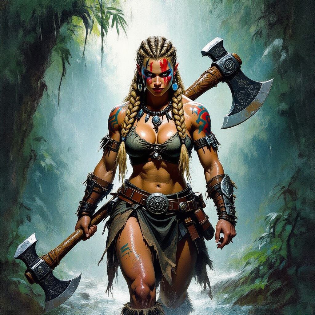 Barbarian Woman in Jungle Storm, Oil Painting Style