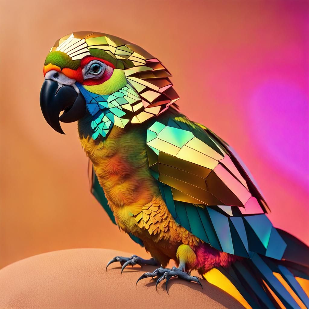 Holographic Parrot in Desert at Golden Hour