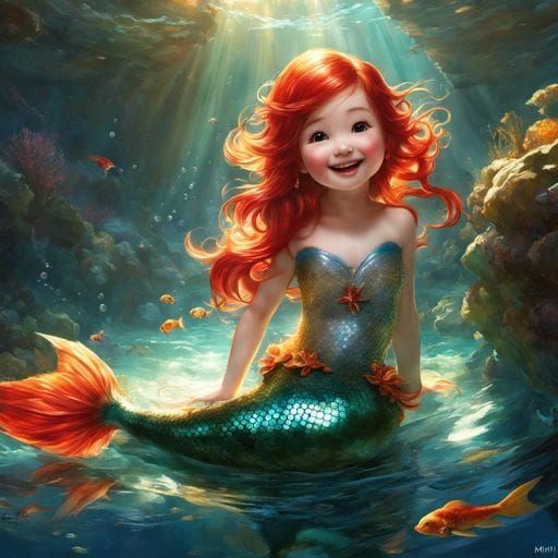 Laughing Chibi Mermaid Girl in Sunlight
