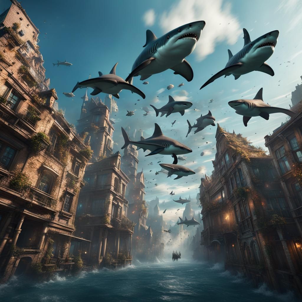 Sharks Flying Over Fantasy City: Detailed Digital Painting