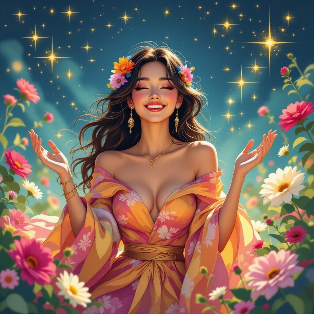 Happy Alien Woman Among Flowers and Stars