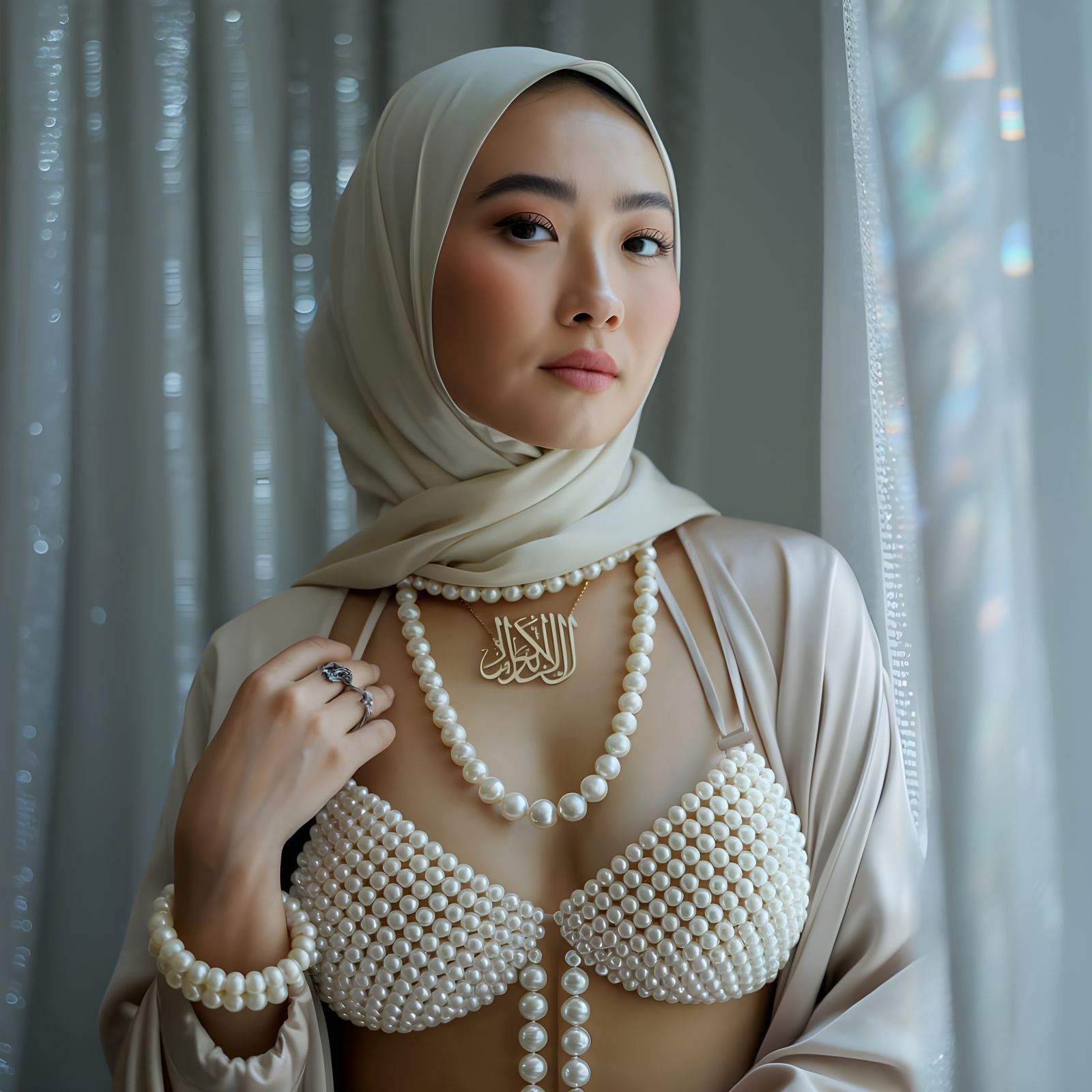 Elegant Asian Woman in Pearl Bikini and Hijab Portrait