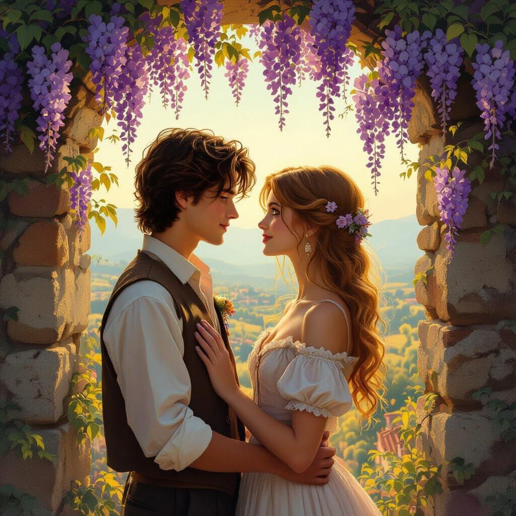 Teen Couple in Love Amidst Italian Wisteria