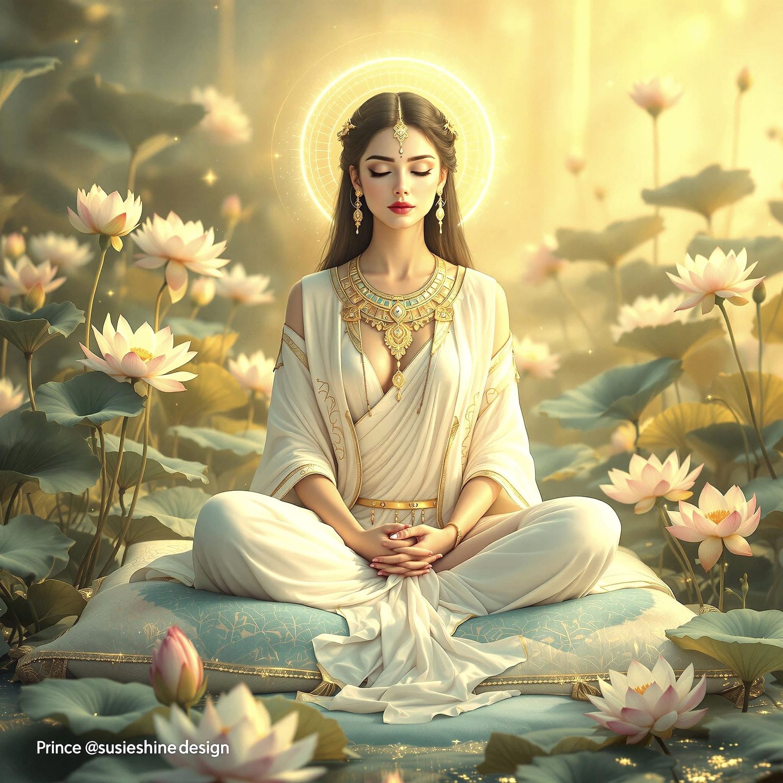 Serenely Seated Sumerian Goddess in Lush Haven
