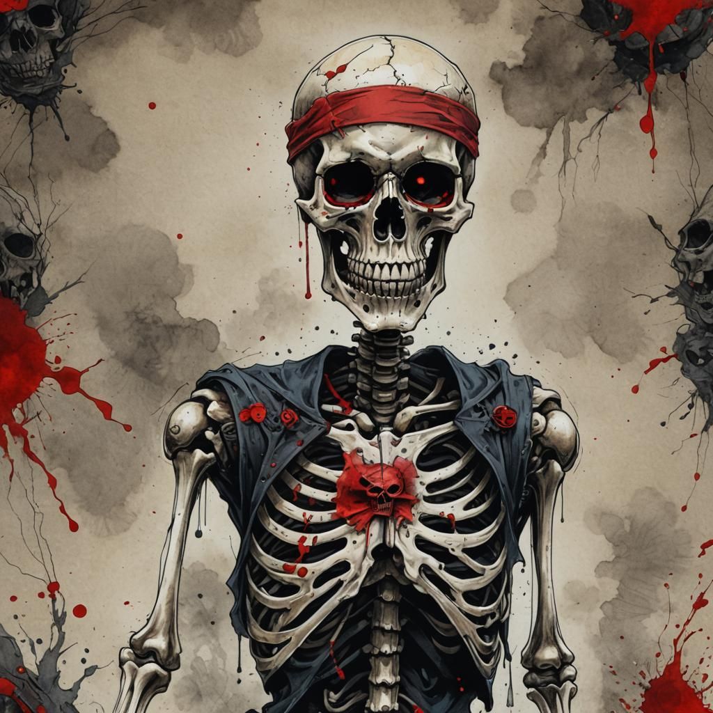 Skeleton with Eye Patch in Red and Black Ink