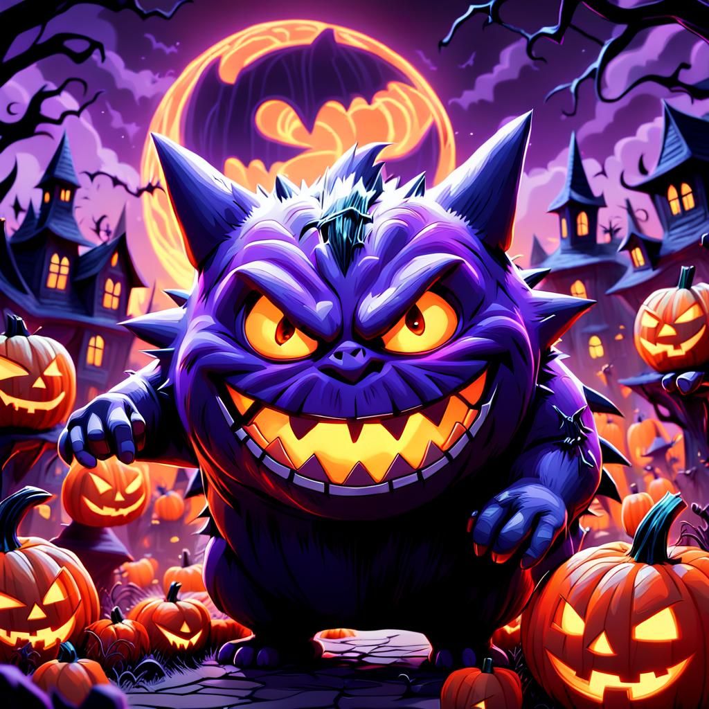 Gengar in Spooky Halloween Setting, Pixar-Inspired 3D Art