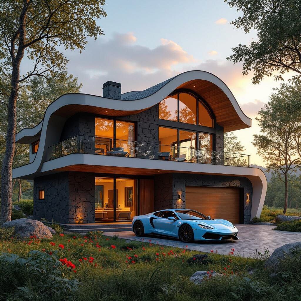 Modern House with Wavy Roof in Hyperrealistic Detail