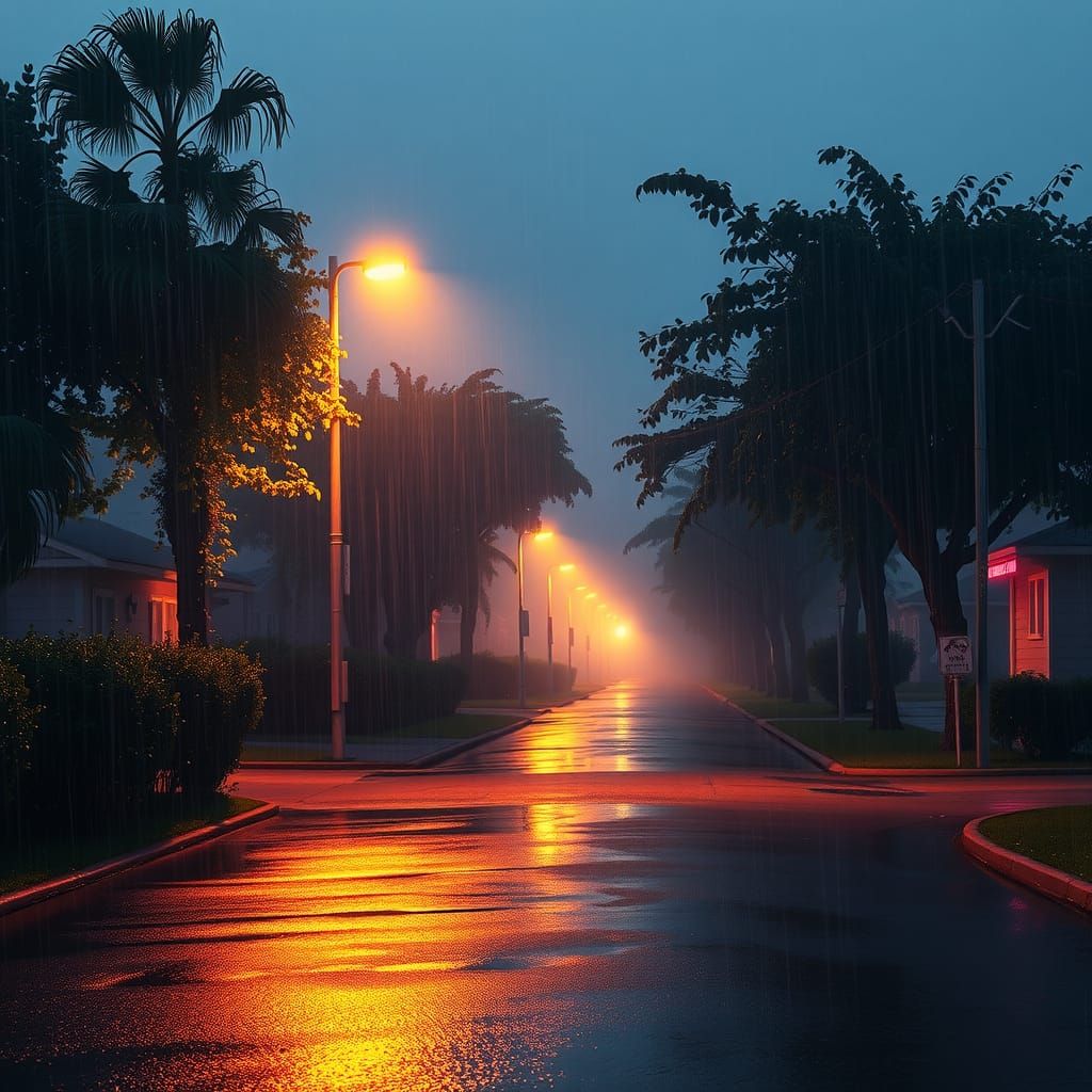 Neon Synthwave Streetlight on Rainy Suburban Street