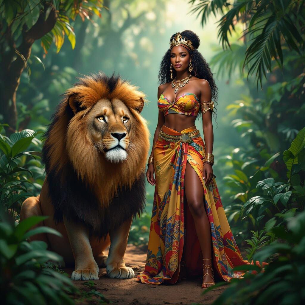 African Princess with Lion in Prehistoric Jungle
