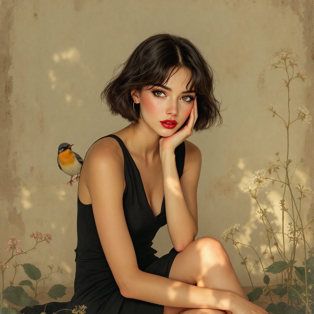 Pin-Up Style Woman with Bird in Solarpunk Aesthetic