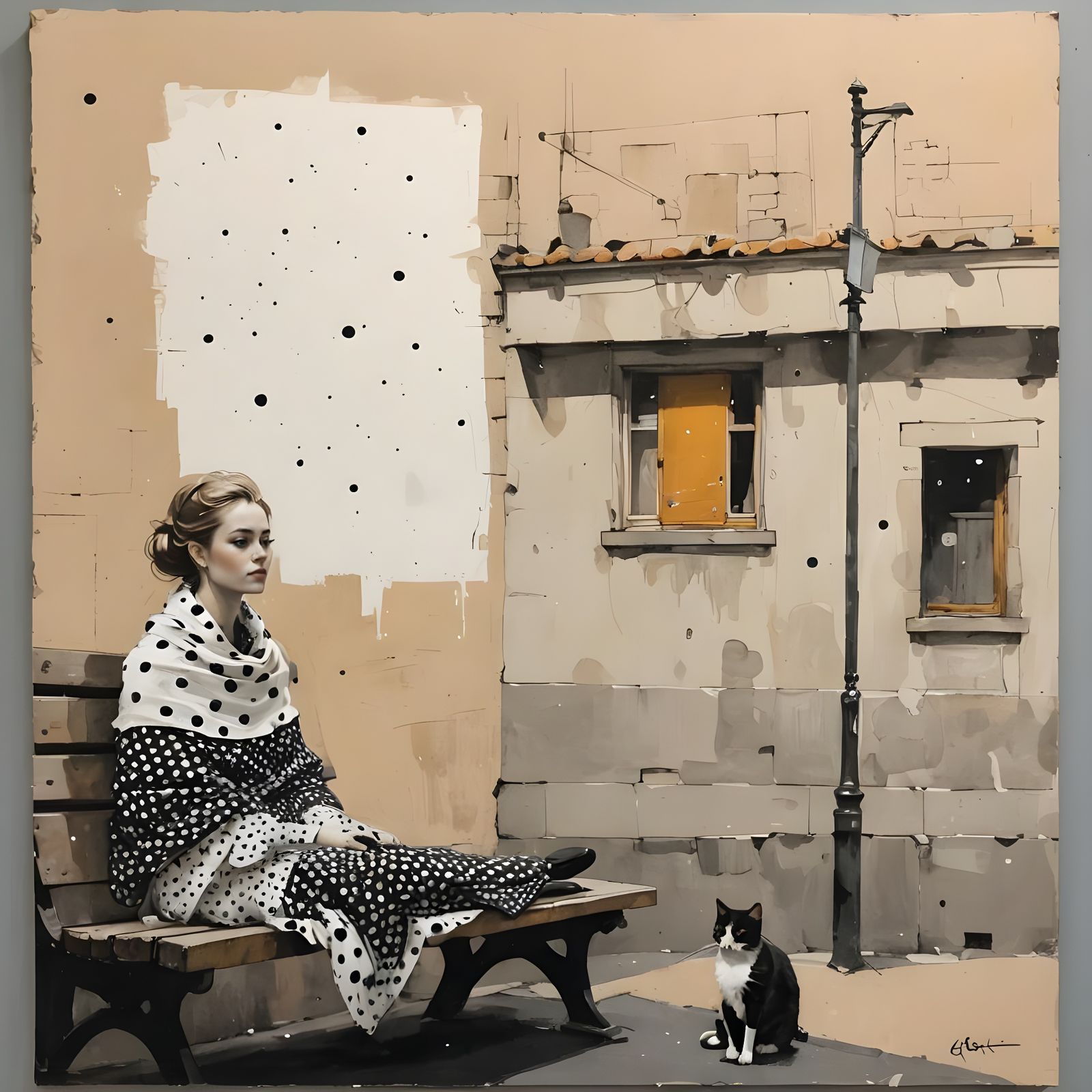 Woman with Cat on Bench, Expressive Urban Painting