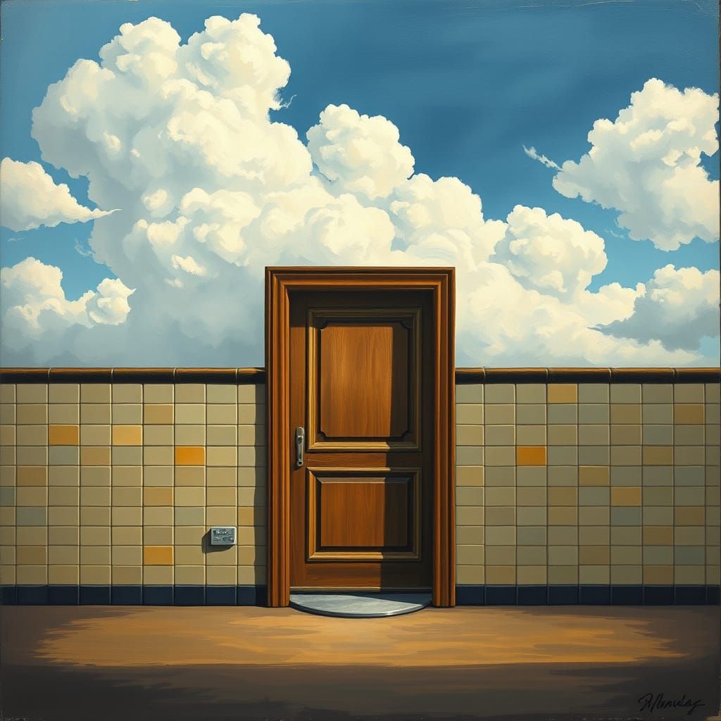 An oil painting in the style of Magritte, portraying a subway station wall with a single antique wooden door halfway up ...