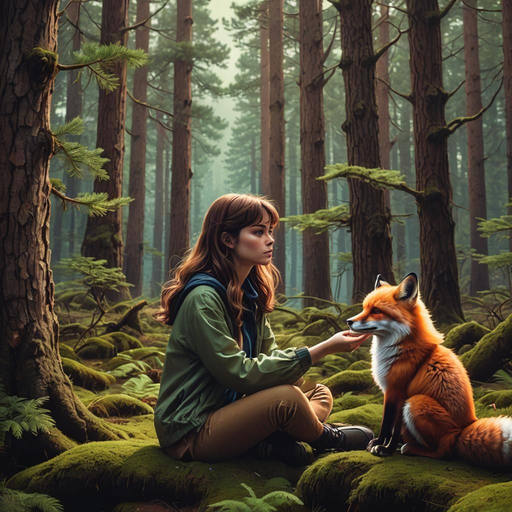 Girl Meets Fox in Forest: Synthwave Neon Art