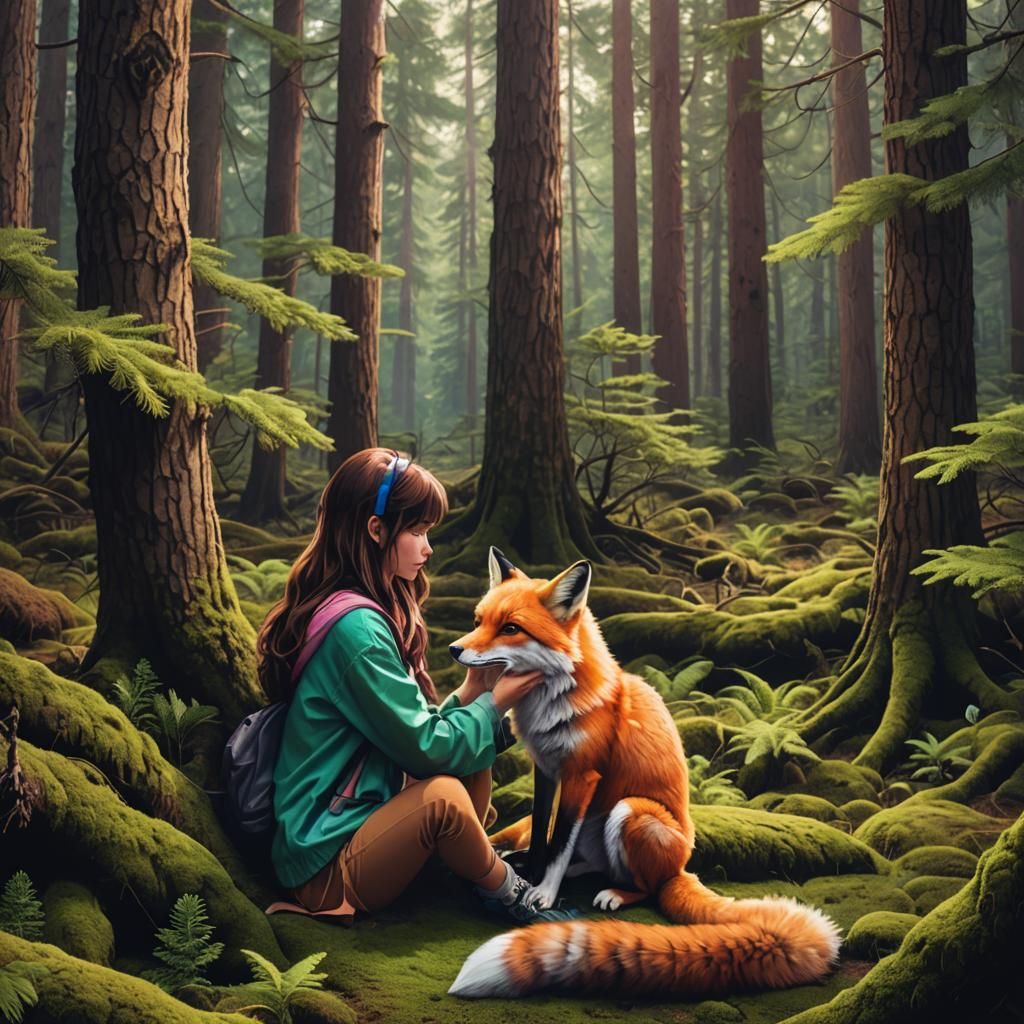 Girl Meets Fox in Neon Forest: Synthwave Style