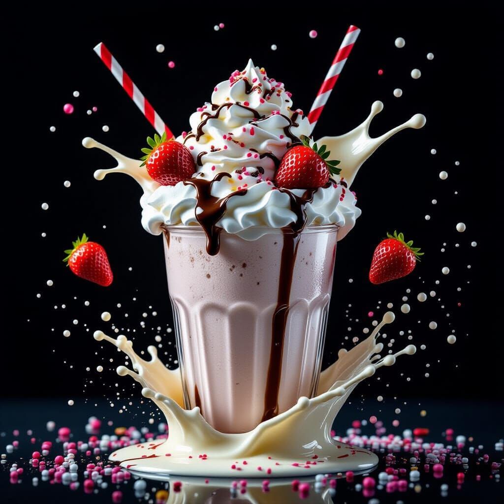 Decadent Milkshake Mid-Air: Hyperrealistic Food Photography