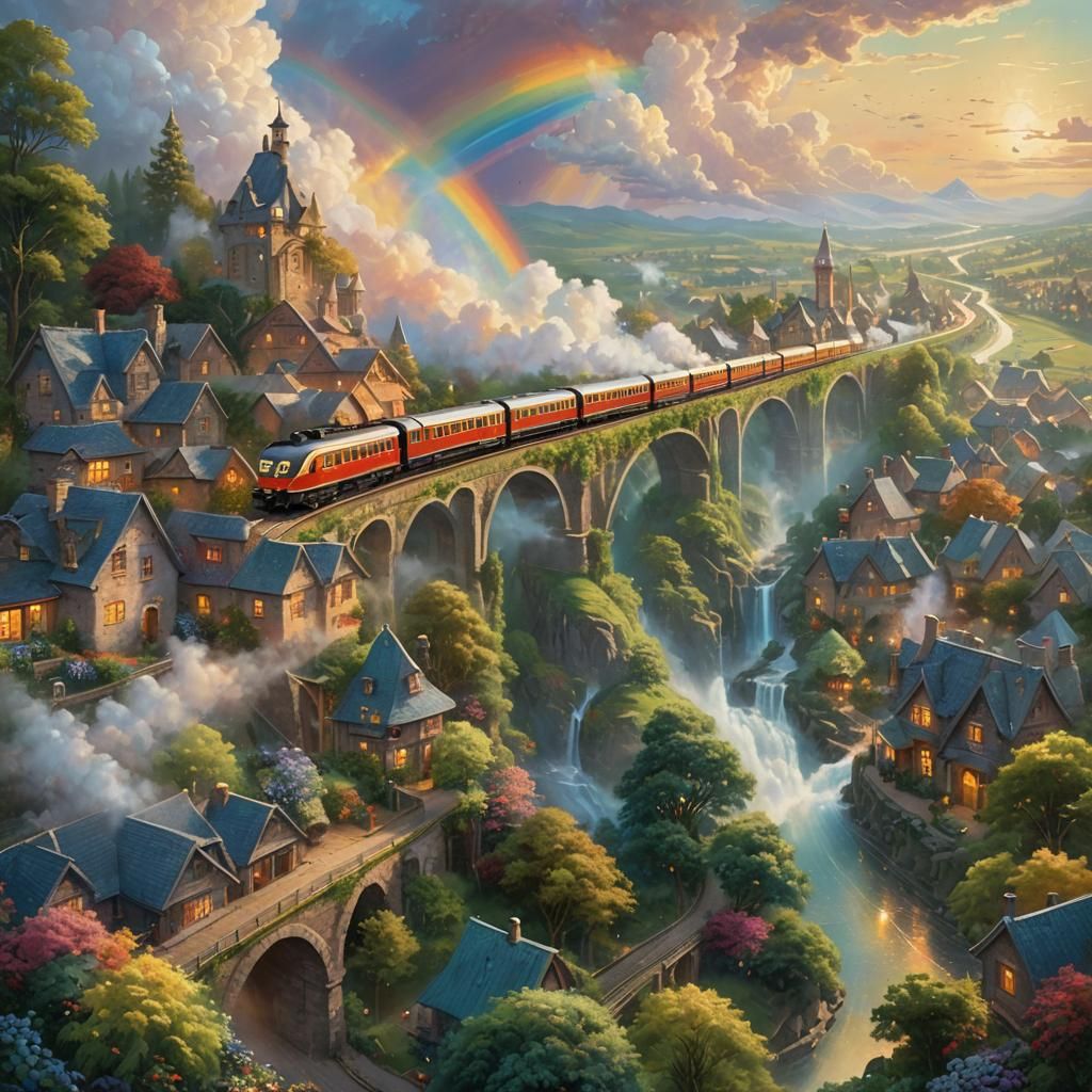 Flying Train Soaring Over Village: Ethereal Oil Painting
