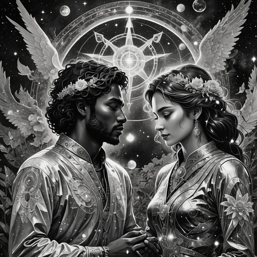 Black and White Spirits Reconciling in Cosmic Illustration