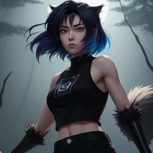 Anime Werewolf Girl in Misty Forest, 3D Render