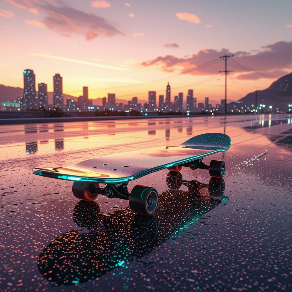 Glass Skateboard Glides in a Futuristic Landscape