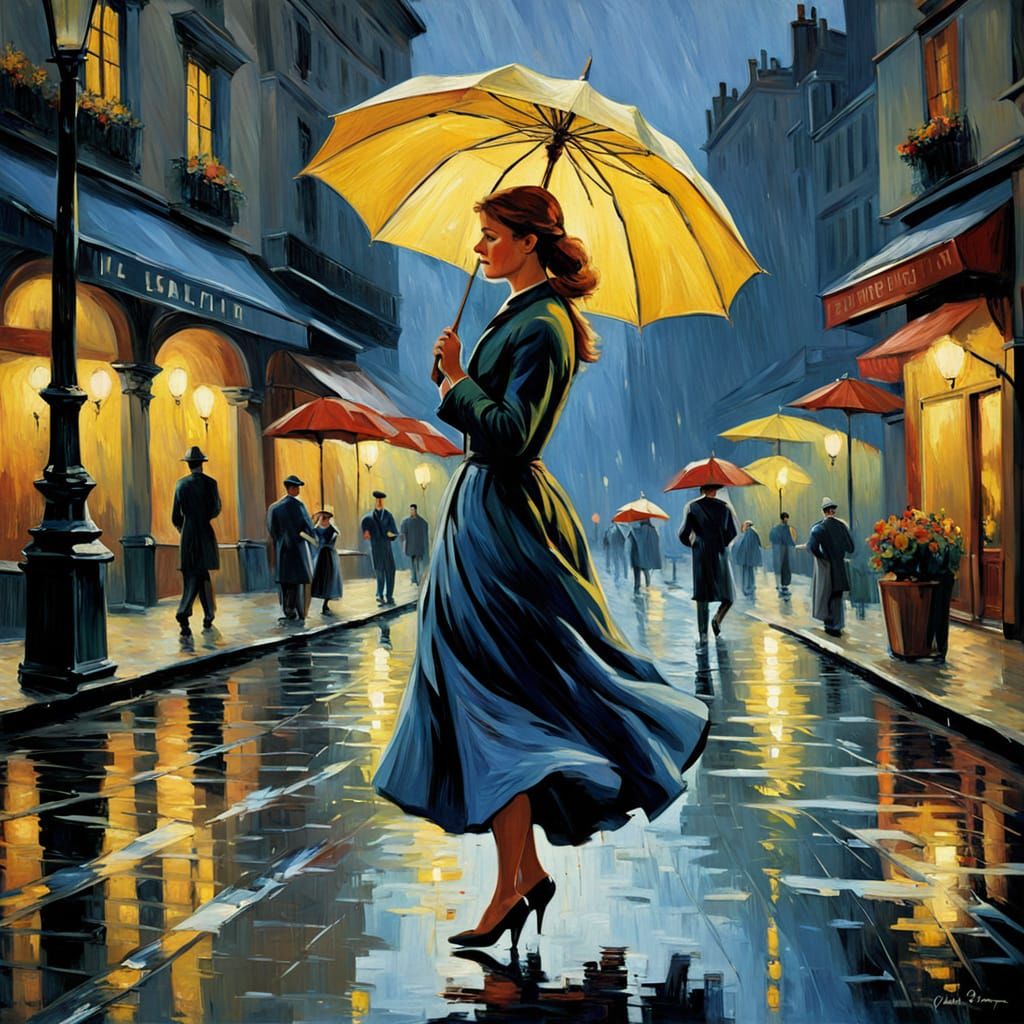 Joyful Dancer in Rainy City Nightscape