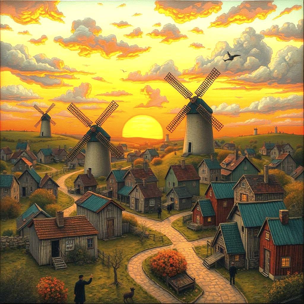 Whimsical Windmill Town at Sunset