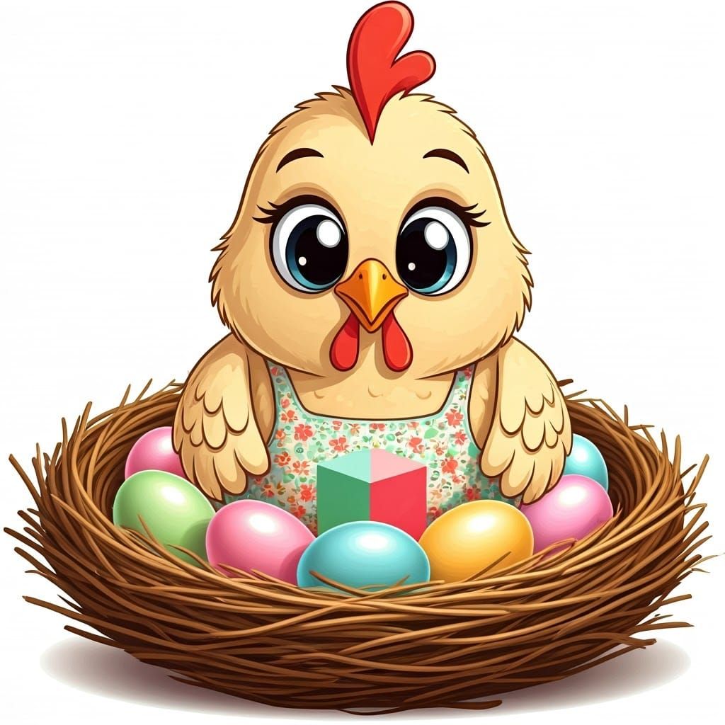 Cartoon Chicken Finds Cube in Nest