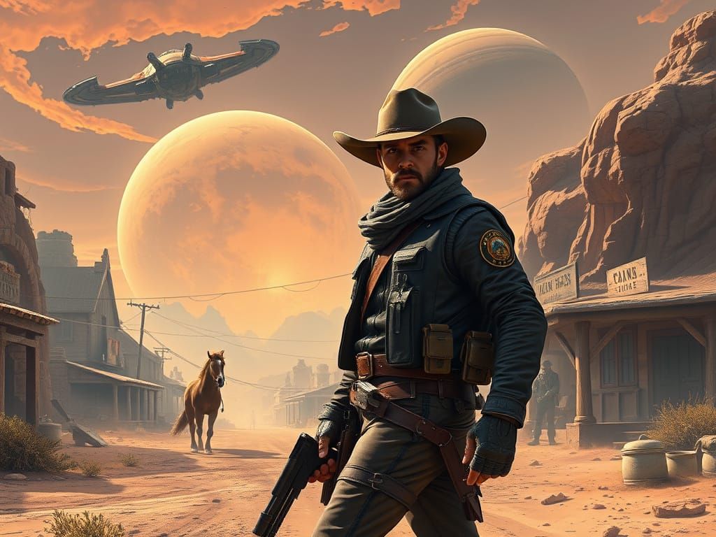 Cybernetic Gunslinger Sheriff in Futuristic Western Townscap...