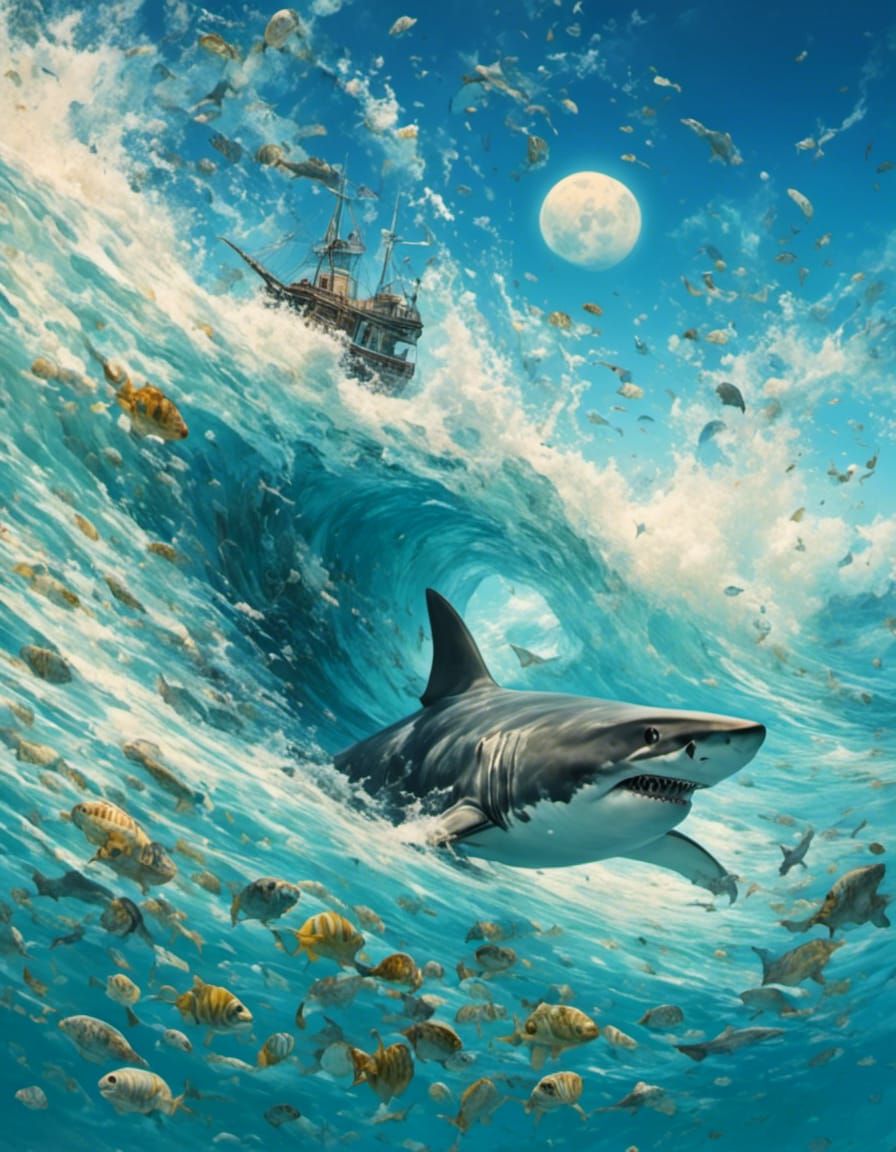 Hyperrealistic Beach at Night with Shark