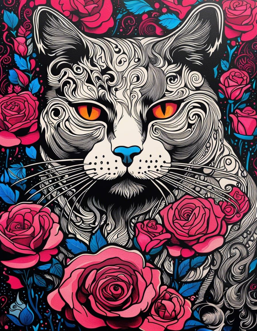 Cat and Roses